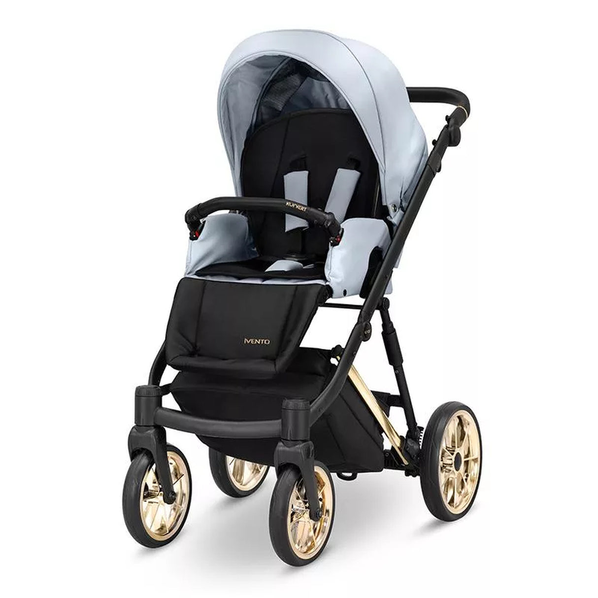Kombikinderwagen in drei Ansichten: links Seitenansicht mit Babywanne, rechts Frontansicht mit Sportsitz, unten Vorderansicht eines passenden Rucksacks.