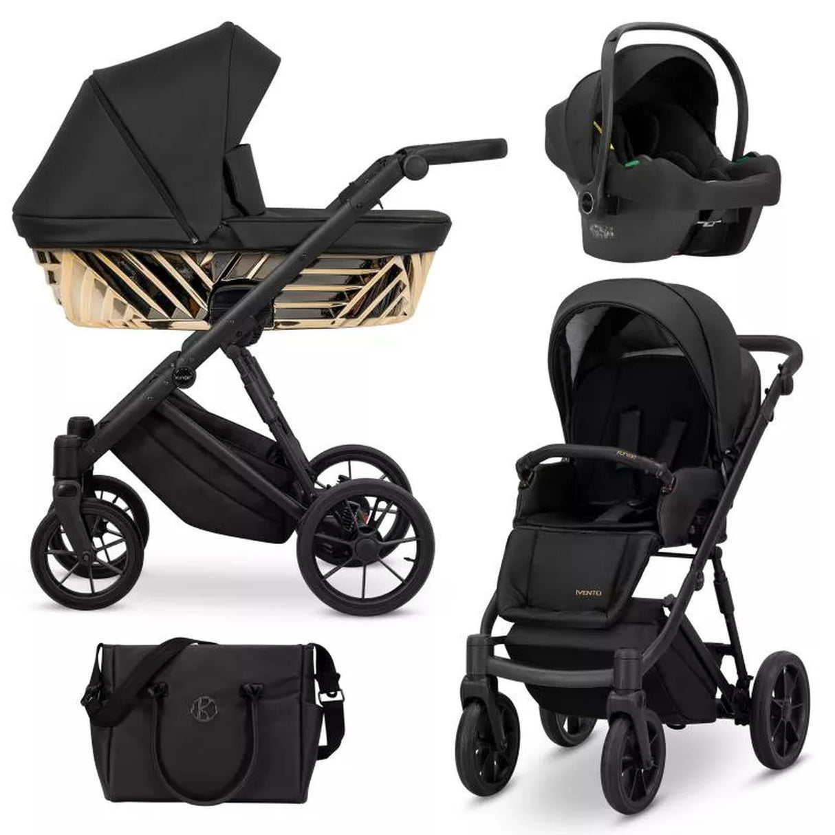 Kunert Ivento Glam 3in1 Öko-Leder Kinderwagen mit goldenem Rahmen