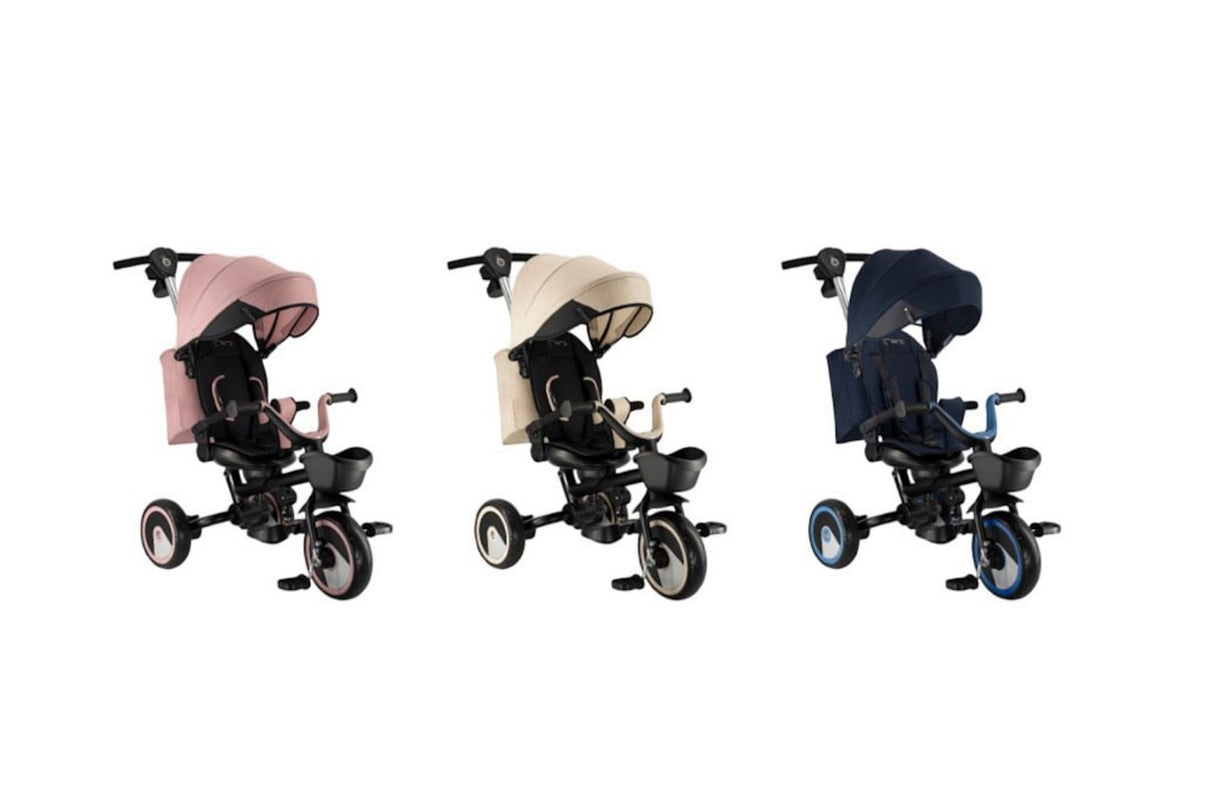 MoMi IVI Kinderdreirad 3-in-1 – 360° drehbarer Sitz, 3-Punkt-Gurt, höhenverstellbare Schiebestange, Sonnendach, PU-Räder, Frontkorb – ab 9 Monaten