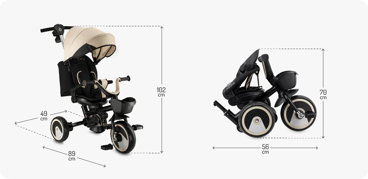 MoMi IVI Kinderdreirad 3-in-1 – 360° drehbarer Sitz, 3-Punkt-Gurt, höhenverstellbare Schiebestange, Sonnendach, PU-Räder, Frontkorb – ab 9 Monaten