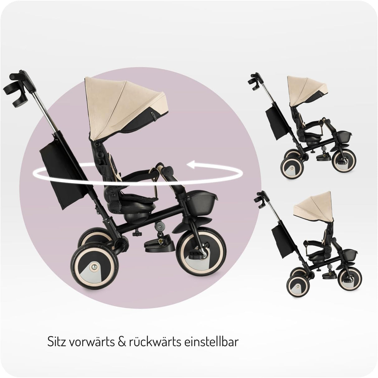 MoMi IVI Kinderdreirad 3-in-1 – 360° drehbarer Sitz, 3-Punkt-Gurt, höhenverstellbare Schiebestange, Sonnendach, PU-Räder, Frontkorb – ab 9 Monaten