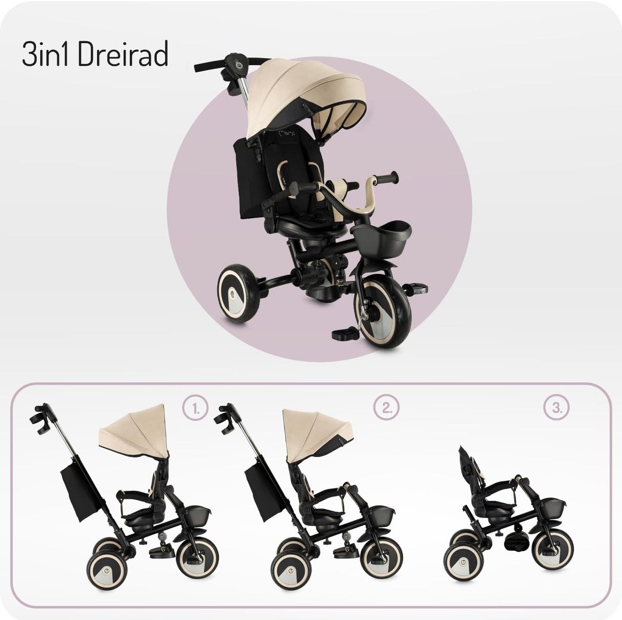 MoMi IVI Kinderdreirad 3-in-1 – 360° drehbarer Sitz, 3-Punkt-Gurt, höhenverstellbare Schiebestange, Sonnendach, PU-Räder, Frontkorb – ab 9 Monaten