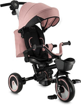 MoMi IVI Kinderdreirad 3-in-1 – 360° drehbarer Sitz, 3-Punkt-Gurt, höhenverstellbare Schiebestange, Sonnendach, PU-Räder, Frontkorb – ab 9 Monaten