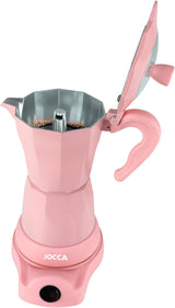 Geöffneter rosa Espressokocher mit Blick auf den frisch gebrühten Espresso in der oberen Karaffe.