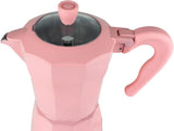 Nahaufnahme des wärmeisolierten Griffs und des Deckels der rosa Jocca Espressomaschine in der Detailansicht.