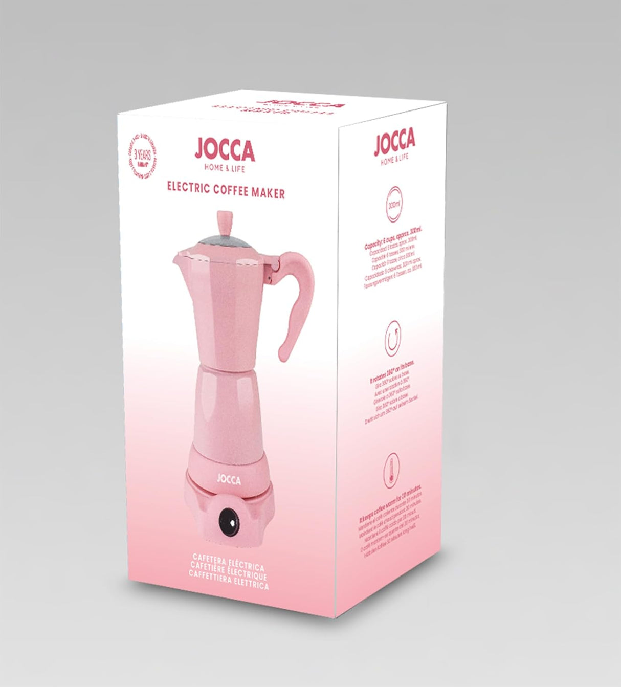 Produktverpackung der Jocca elektrischen Espresso-Kaffeemaschine mit Abbildung des rosa Modells und technischen Details.