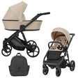 Cremefarbener Kombikinderwagen in drei Ansichten: links Seitenansicht mit Babywanne, rechts Frontansicht mit Sportsitz, unten Vorderansicht eines passenden Rucksacks.