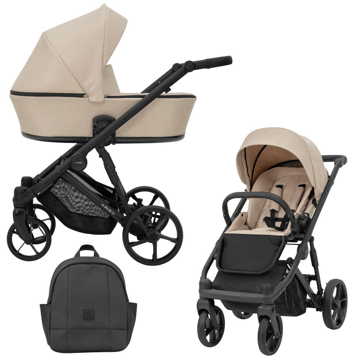 Cremefarbener Kombikinderwagen in drei Ansichten: links Seitenansicht mit Babywanne, rechts Frontansicht mit Sportsitz, unten Vorderansicht eines passenden Rucksacks.