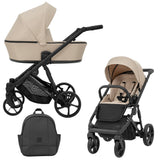 Cremefarbener Kombikinderwagen in drei Ansichten: links Seitenansicht mit Babywanne, rechts Frontansicht mit Sportsitz, unten Vorderansicht eines passenden Rucksacks.