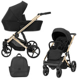 Schwarzer Kombikinderwagen in drei Ansichten: links Seitenansicht mit Babywanne, rechts Frontansicht mit Sportsitz, unten Vorderansicht eines passenden Rucksacks.