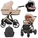 Pinker Kombikinderwagen mit goldenem Gestell in drei Ansichten: links Seitenansicht mit Babywanne, rechts Frontansicht mit Sportsitz, unten Vorderansicht eines passenden Rucksacks, rechts oben Ansicht eines passenden Autositz dazu.