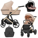 Pinker Kombikinderwagen mit goldenem Gestell in drei Ansichten: links Seitenansicht mit Babywanne, rechts Frontansicht mit Sportsitz, unten Vorderansicht eines passenden Rucksacks, rechts oben Ansicht eines passenden Autositz dazu.