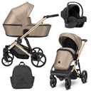 Kombikinderwagen in drei Ansichten: links Seitenansicht mit Babywanne, rechts Frontansicht mit Sportsitz, unten Vorderansicht eines passenden Rucksacks, rechts oben Ansicht eines passenden Autositz dazu.