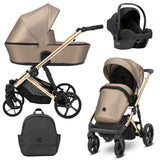Kombikinderwagen in drei Ansichten: links Seitenansicht mit Babywanne, rechts Frontansicht mit Sportsitz, unten Vorderansicht eines passenden Rucksacks, rechts oben Ansicht eines passenden Autositz dazu.