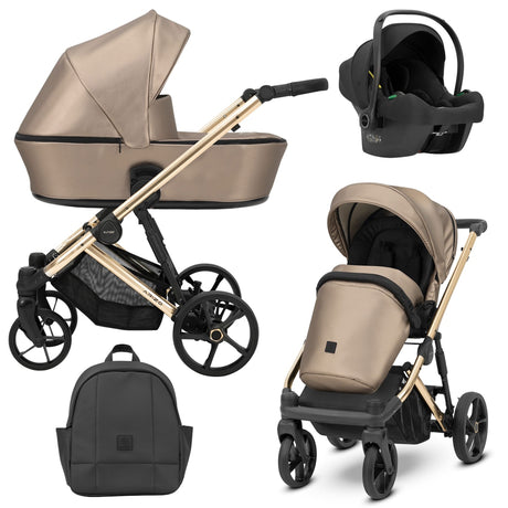 Kombikinderwagen in drei Ansichten: links Seitenansicht mit Babywanne, rechts Frontansicht mit Sportsitz, unten Vorderansicht eines passenden Rucksacks, rechts oben Ansicht eines passenden Autositz dazu.