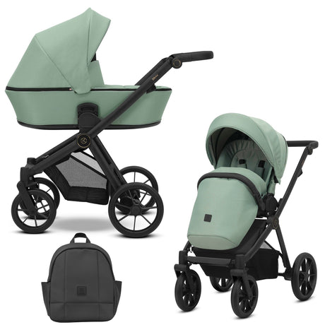 Kombikinderwagen in zwei Ansichten: links Seitenansicht, rechts Frontansicht, unten Vorderansicht eines passenden Rucksacks.