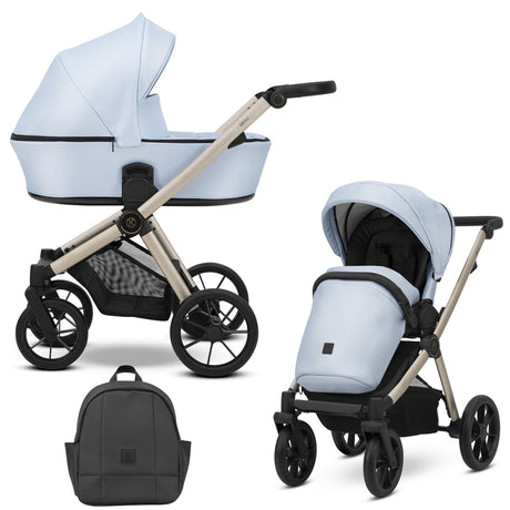 Kombikinderwagen in zwei Ansichten: links Seitenansicht, rechts Frontansicht, unten Vorderansicht eines passenden Rucksacks.