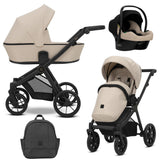 Kombikinderwagen in drei Ansichten: links Seitenansicht mit Babywanne, rechts Frontansicht mit Sportsitz, unten Vorderansicht eines passenden Rucksacks, rechts oben Ansicht eines passenden Autositz dazu.