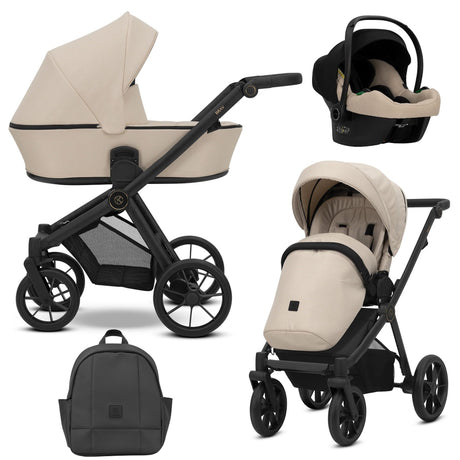 Kombikinderwagen in drei Ansichten: links Seitenansicht mit Babywanne, rechts Frontansicht mit Sportsitz, unten Vorderansicht eines passenden Rucksacks, rechts oben Ansicht eines passenden Autositz dazu.
