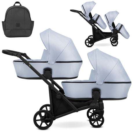 Zwillingskinderwagen-Set, Ansicht bestehend aus zwei 2-in-1 Kinderwagen in Blau mit schwarzem Rahmen und einer Tasche.