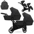 Zwillingskinderwagen-Set, Ansicht bestehend aus zwei 2-in-1 Kinderwagen in Schwarz mit schwarzem Rahmen und einer Tasche.