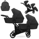 Zwillingskinderwagen-Set, Ansicht bestehend aus zwei 2-in-1 Kinderwagen in Schwarz mit schwarzem Rahmen und einer Tasche.