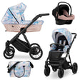 Kombikinderwagen in drei Ansichten: links Seitenansicht mit Babywanne, rechts Frontansicht mit Sportsitz, unten Vorderansicht eines passenden Rucksacks.