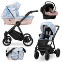 Kombikinderwagen in drei Ansichten: links Seitenansicht mit Babywanne, rechts Frontansicht mit Sportsitz, unten Vorderansicht eines passenden Rucksacks.