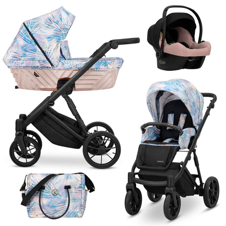 Kombikinderwagen in drei Ansichten: links Seitenansicht mit Babywanne, rechts Frontansicht mit Sportsitz, unten Vorderansicht eines passenden Rucksacks.
