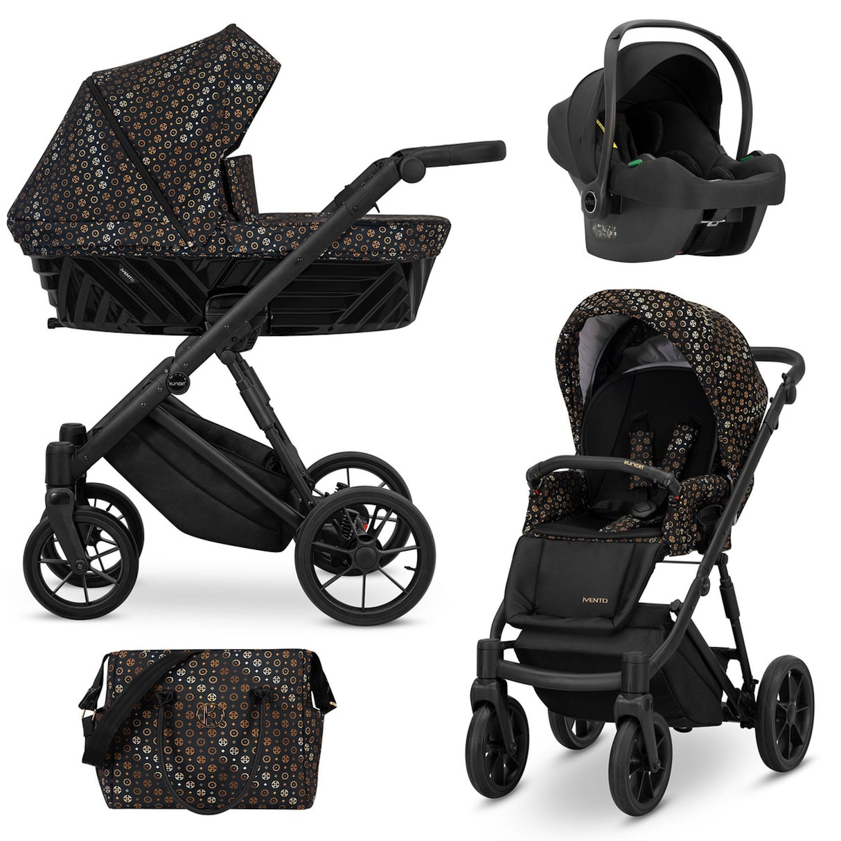 Kombikinderwagen in drei Ansichten: links Seitenansicht mit Babywanne, rechts Frontansicht mit Sportsitz, unten Vorderansicht eines passenden Rucksacks.