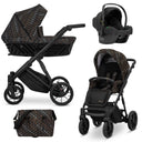 Kombikinderwagen in drei Ansichten: links Seitenansicht mit Babywanne, rechts Frontansicht mit Sportsitz, unten Vorderansicht eines passenden Rucksacks.