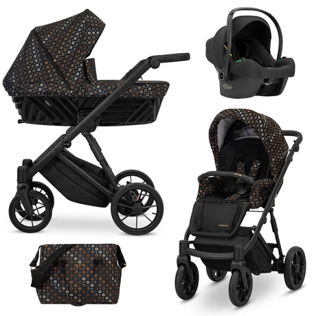 Kombikinderwagen in drei Ansichten: links Seitenansicht mit Babywanne, rechts Frontansicht mit Sportsitz, unten Vorderansicht eines passenden Rucksacks.