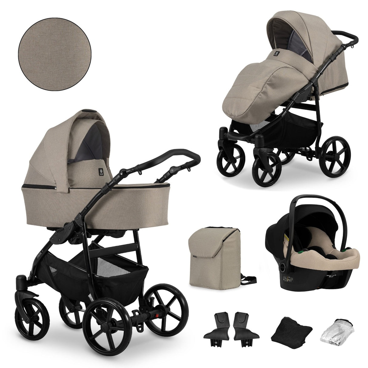 Kombikinderwagen in zwei Ansichten: links Seitenansicht mit Babywanne, rechts Frontansicht mit Sportsitz, unten Vorderansicht einer passenden Tragetasche und zwei Zubehörtaschen, rechts oben Ansicht eines passenden Autositz dazu.