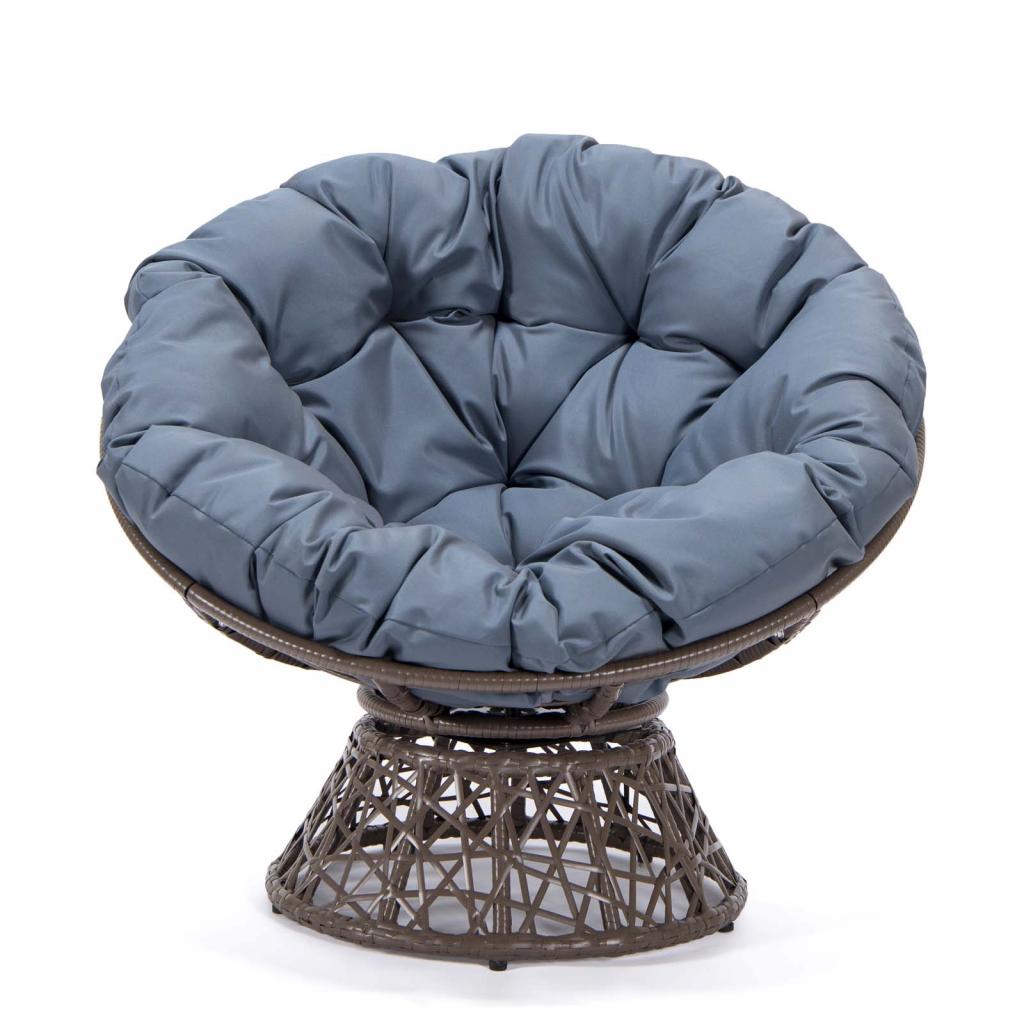 PureHaven Lounge Sessel 92x80x80,5 cm aus Rattan Rundkissen drehbar 360 Grad pflegeleicht elegantes Design verstellbare Kunststofffüßchen Braun/Blau