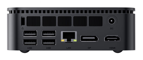 Blackview MP100 Mini PC – Ansicht auf die Rueckseite mit 4 x USB, 1 x LAN, 1 x DP, 1 x HDMI sowie DC-In Port