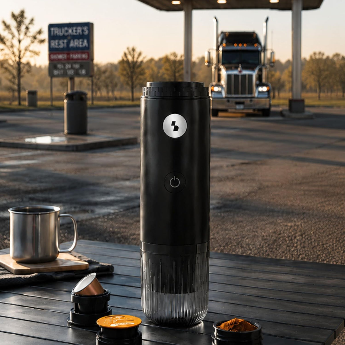 BeperP101CAF250 mobile Espressomaschine an eine Raststätte mit LKW im Hintergrund