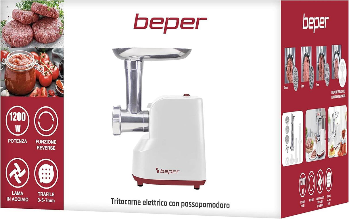 Beper Elektrischer Fleischwolf & Tomatenpresse P102ROB200, 1200 W, mit 3 Edelstahl-Matrizen