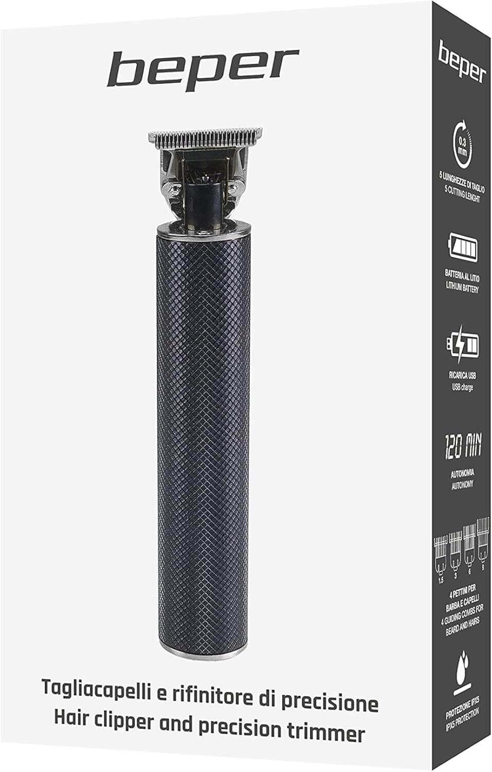 Beper P304CAP001 Präzisions-Haarschneider & Barttrimmer, wiederaufladbar, Edelstahl, Schwarz, IPX5, 4 Aufsteckkämme