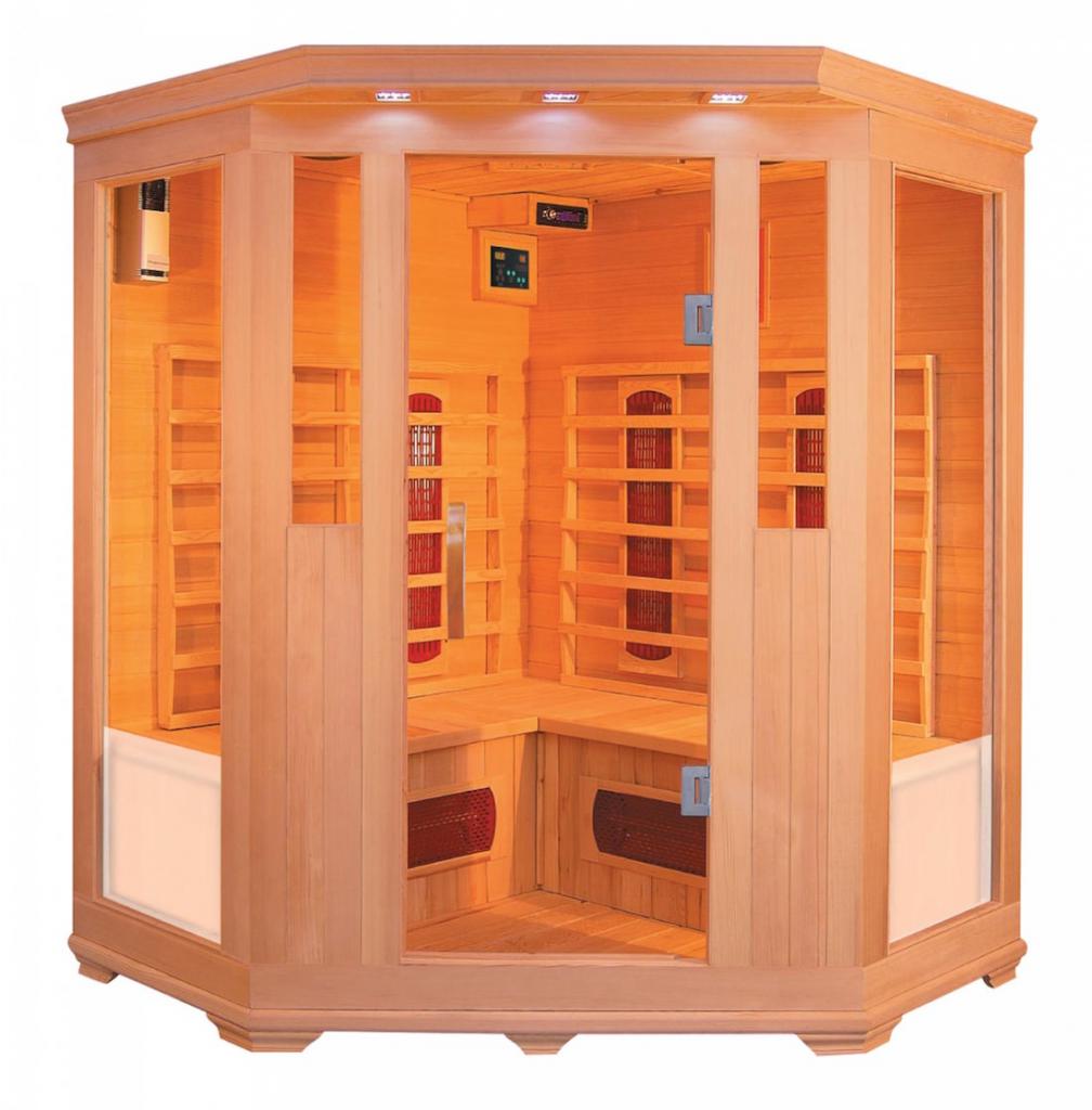 PureHaven Infrarotkabine 150x150x60x120x60 cm aus Hemlock Holz Bluetooth-Soundsystem Timer Lichttherapie in 4 Farben digitale Steuerung