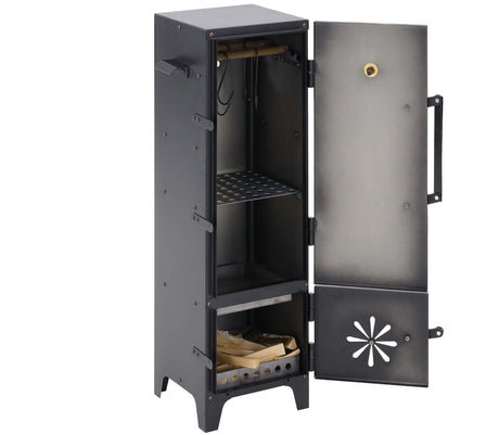 Räucherofen DUO von links vorne, geöffnete Tür mit Holz