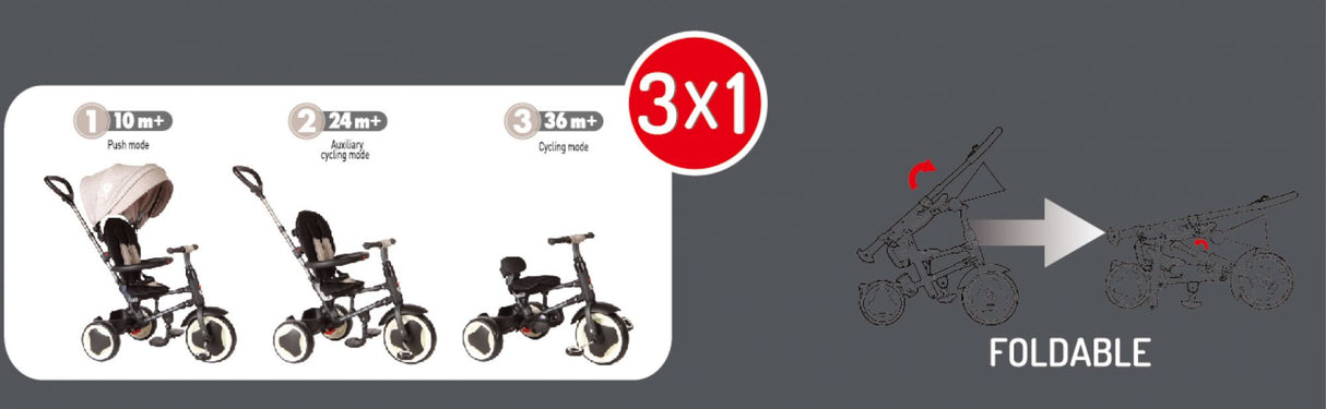 Volare QPlay Rito Tricycle Deluxe - faltbares Dreirad für Kinder 10-36 Monaten mit verstellbarer Schiebestange und Sicherheitsfunktionen
