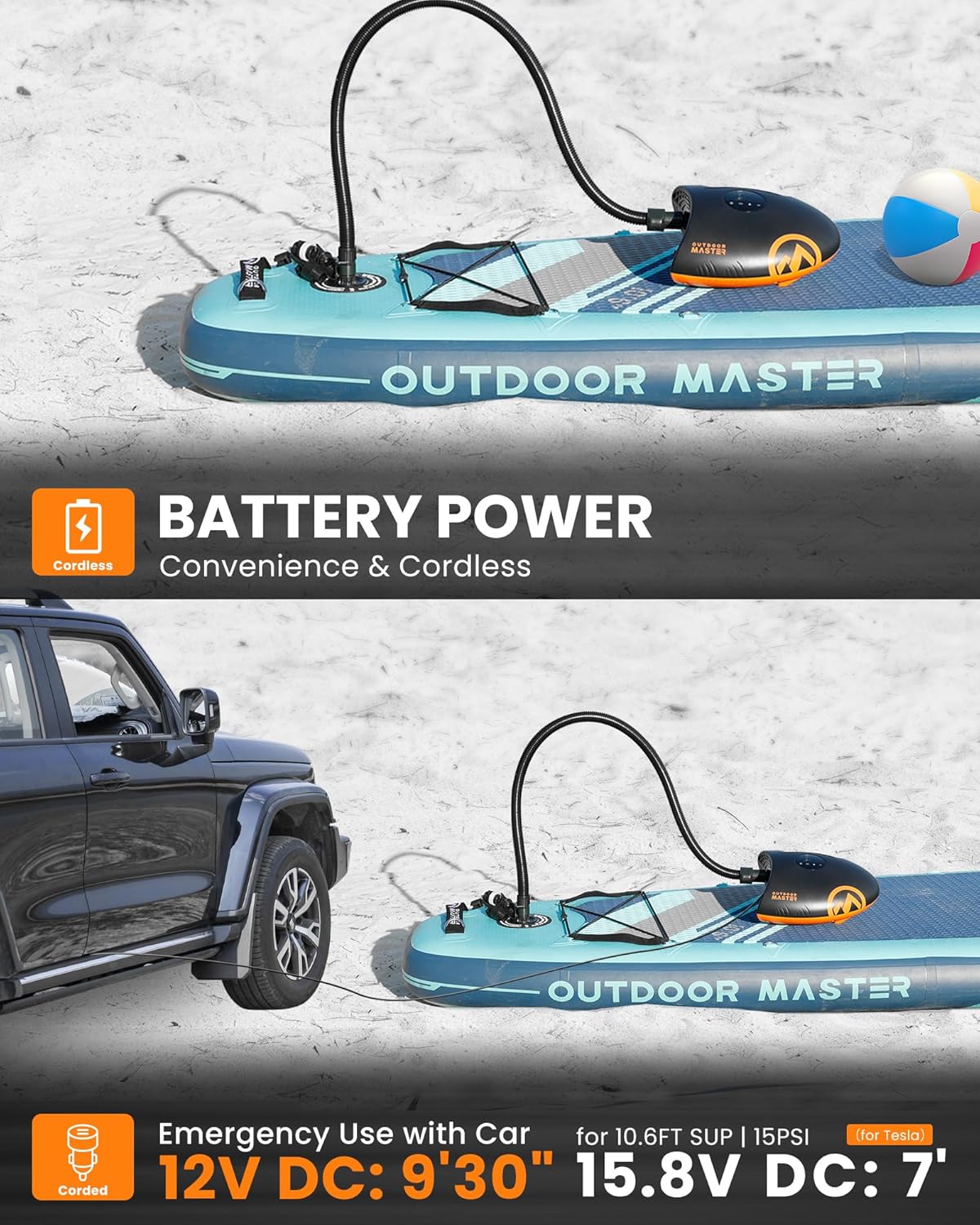 Outdoormaster Shark 2s Luftpumpe für SUPs hat sowohl 12 V als auch Akkubetrieb