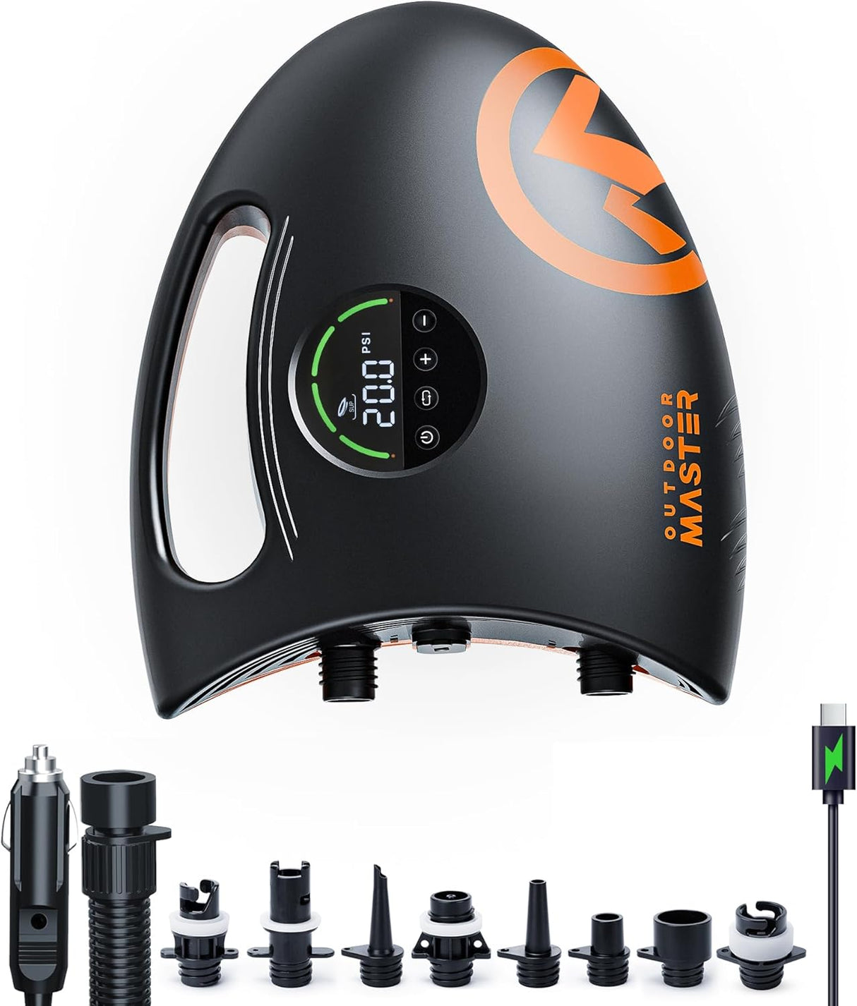 Outdoormaster Shark 2s Luftpumpe für SUPs mit allen Aufsätzen