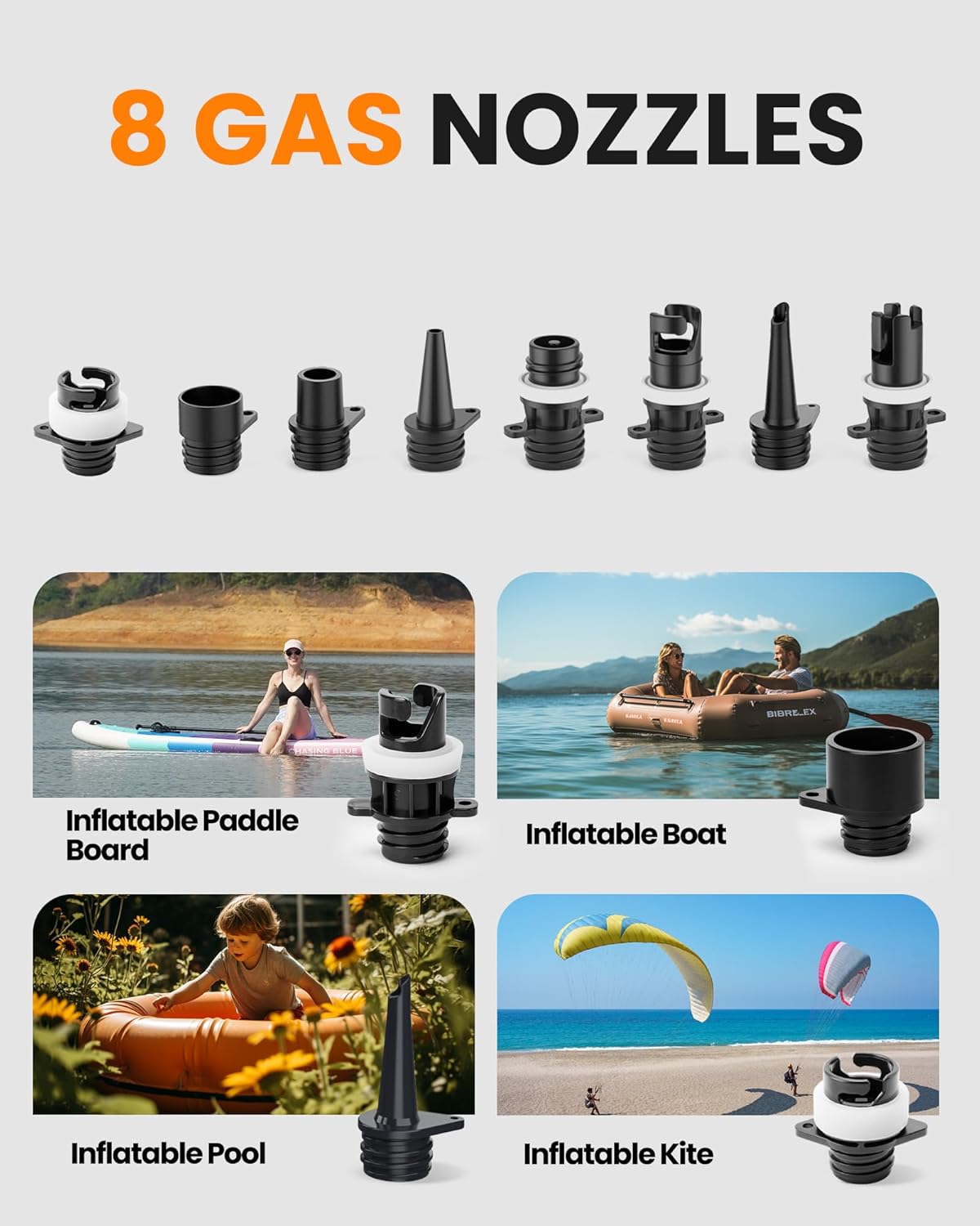 8 Aufsätze bei der Outdoormaster Shark 3 Luftpumpe