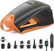 Outdoormaster Shark 3 Luftpumpe für SUPs in der Profilansicht mit den Aufsätzen