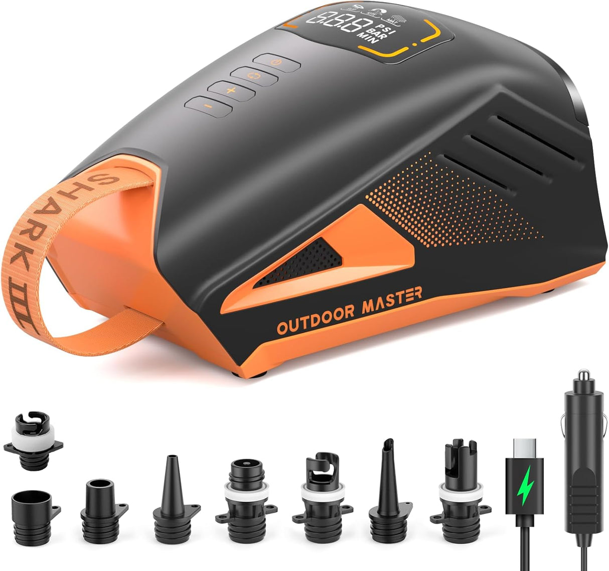 Outdoormaster Shark 3 Luftpumpe für SUPs in der Profilansicht mit den Aufsätzen