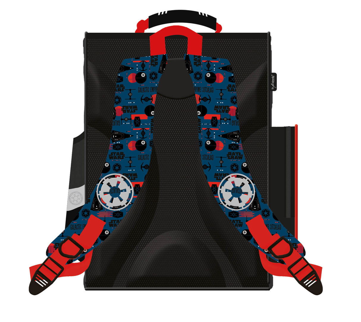 Schulranzen Star Wars – Rückseite – Rückseite des Star Wars Schulranzens, Details und Muster sichtbar.