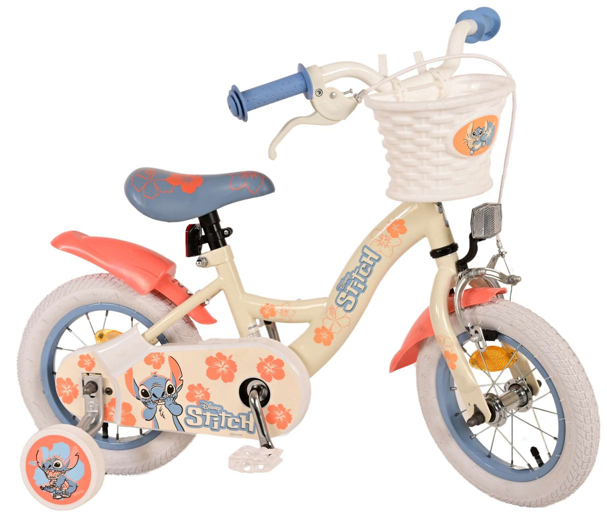 Volare Disney Stitch 12-Zoll-Kinderfahrrad Creme Koralle Blau mit Handbremse, Rücktrittbremse und abnehmbaren Stützrädern