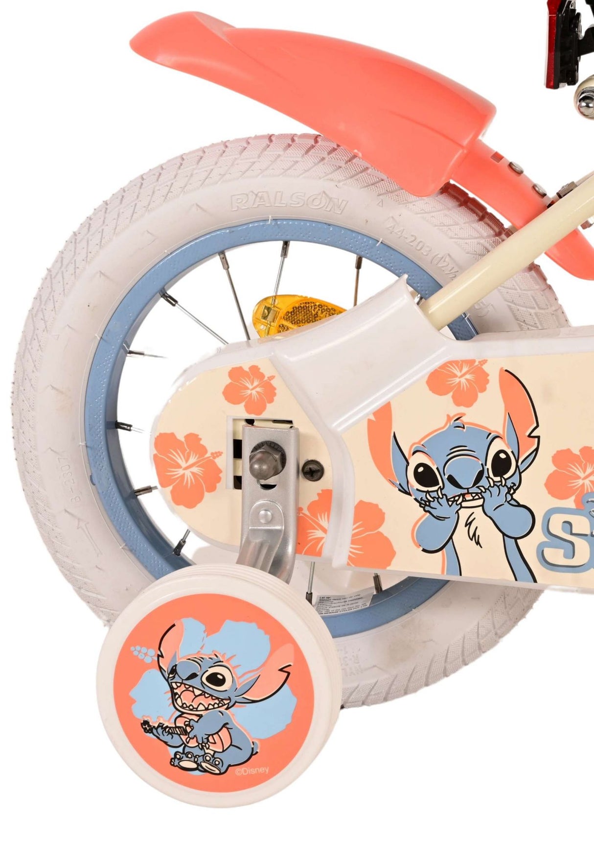 Volare Disney Stitch 12-Zoll-Kinderfahrrad Creme Koralle Blau mit Handbremse, Rücktrittbremse und abnehmbaren Stützrädern