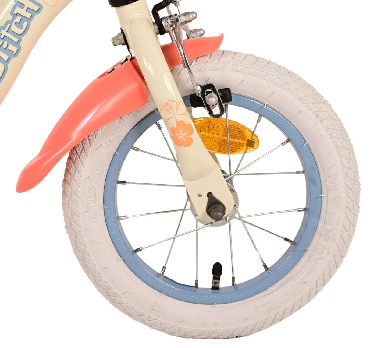 Volare Disney Stitch 12-Zoll-Kinderfahrrad Creme Koralle Blau mit Handbremse, Rücktrittbremse und abnehmbaren Stützrädern